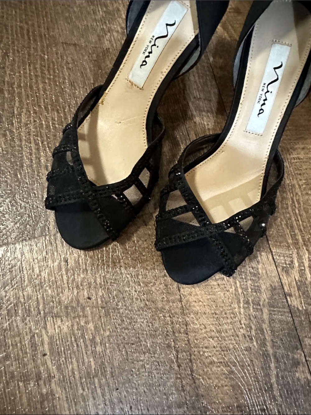 Nina Black Open-Toe Crisscross Evening Heels - Size 5 M USA or 35 Eur